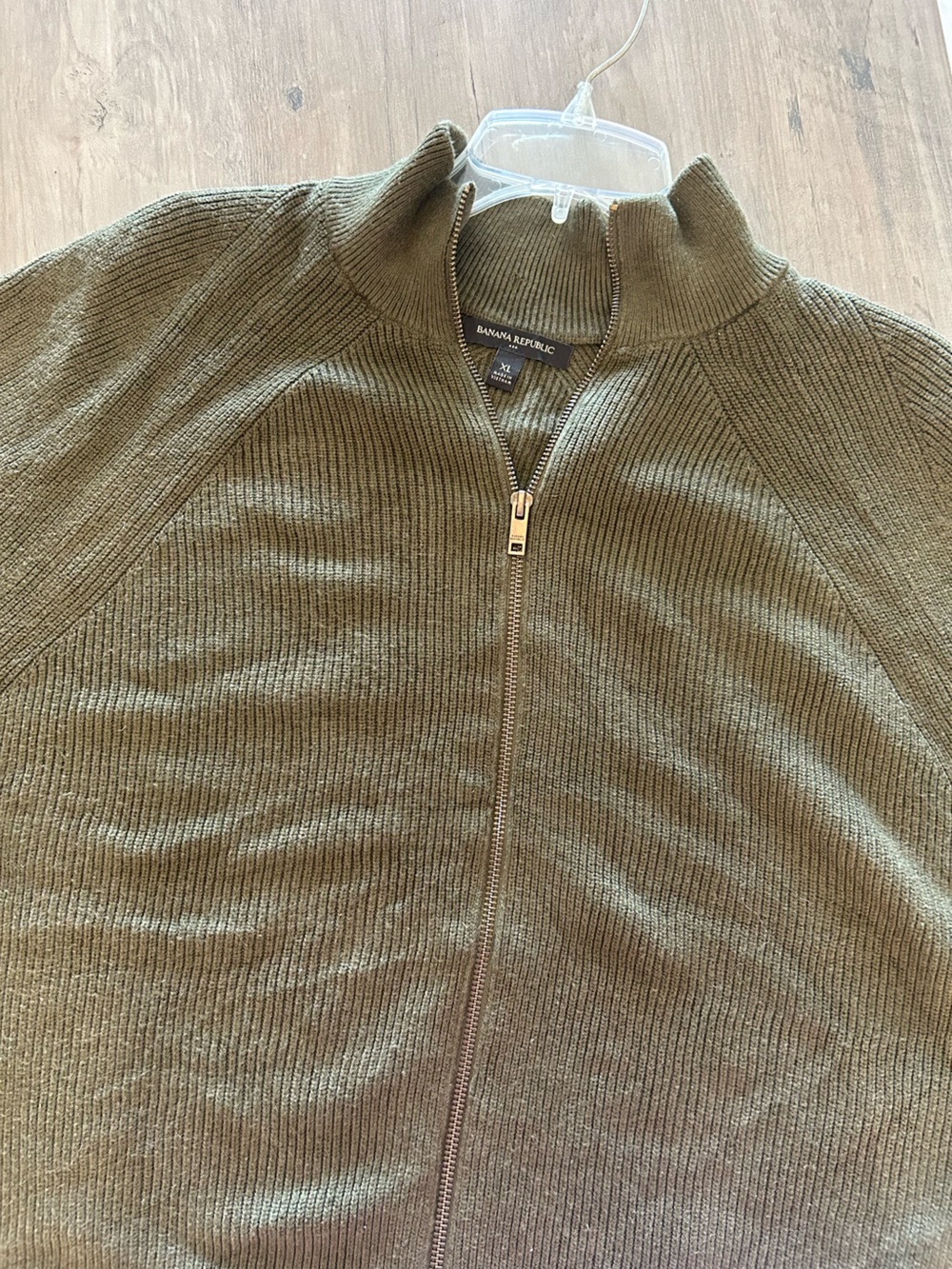 Banana Republic Cardigan Sweater Men's XL Green Full Zip Bomber Ribbed Preppy